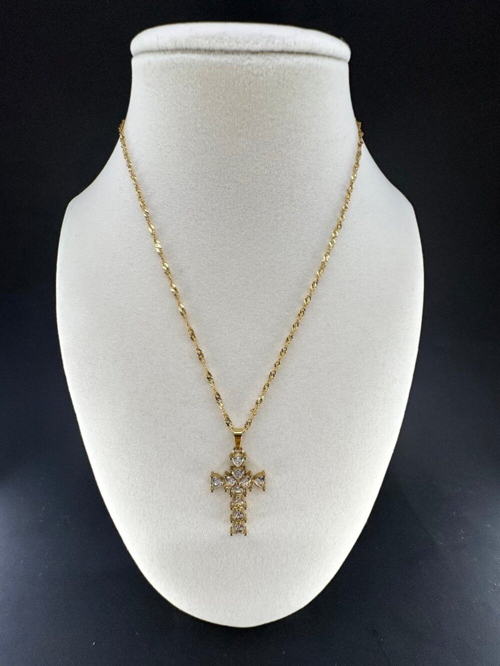18K Gold Plated Stainless Steel Heart CZ Cross Pendant Necklace Chain 41+6cm
